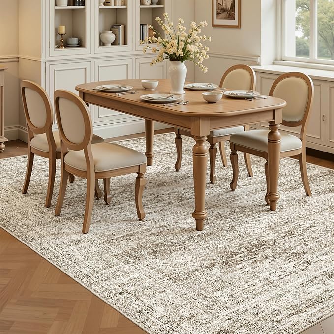 Soalmost 7x9 Area Rug for Living Room Washable Rugs Non-Slip Brown | Low-Pile Vintage Carpet for Dining Bedroom, Foldable Thin Stain Resistant Floor Mat Under Table Home Office Nursery Decor