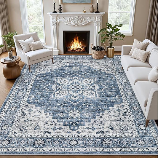 8x10 Area Rugs for Living Room: Washable Rug Soft Vintage Boho Medallion Carpet Indoor Floor Non-Slip Stain Resistant Large Carpets for Bedroom Dining Room Farmhouse Nursery Home Office Blue