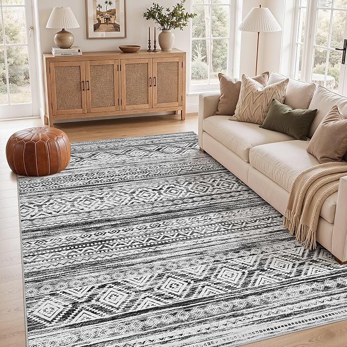 cotiled 5x8 Area Rugs Living Room Rug: Washable Boho Rugs with Non Slip Backing Large Soft Indoor Stain Resistant Carpet for Bedroom Farmhouse Dining Room Lightweight Home Decor White/Black