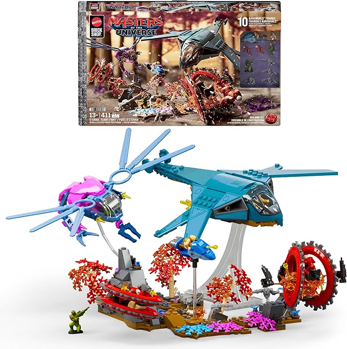 Mattel Brick Shop Masters of the Universe Building Set, Eternia Flight Fight with 411 Pieces and 10 Figures, Adult Collectors and Ages 13+