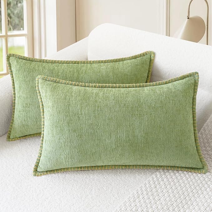 CaliTime Decorative Couch Throw Pillow Covers 20 X 12 Inches Sage Green | Pack of 2, Cozy Chenille Cushion Cases, Cotton Thread Stitching Edges, for Sofa Bed Living Room Farmhouse