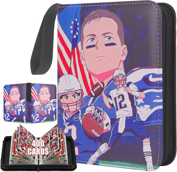 HBK Football Card Binder 400 Pockets, PU Leather 4 Pocket Card Binder with Sleeves, Football Card Holder Album with Zipper, Sports Trading Card Storage Binder for Boys Girls Collectors