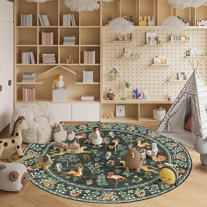 DUKINO 6ft Round Rug for Bedroom, Washable Soft Non Slip Circle Rug, Black | Low Pile, Stain Resistant, Animal Indoor Carpet for Living Room, Kitchen, Dining Room, Nursery, Farmhouse, Pet Friendly