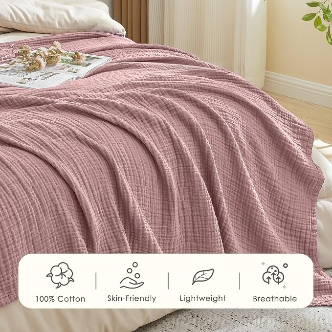 EMME Muslin Blankets for Adults Throw Blanket for Couch Breathable Gauze Soft Lightweight Airy Dusty Pink Queen 90" x 90"