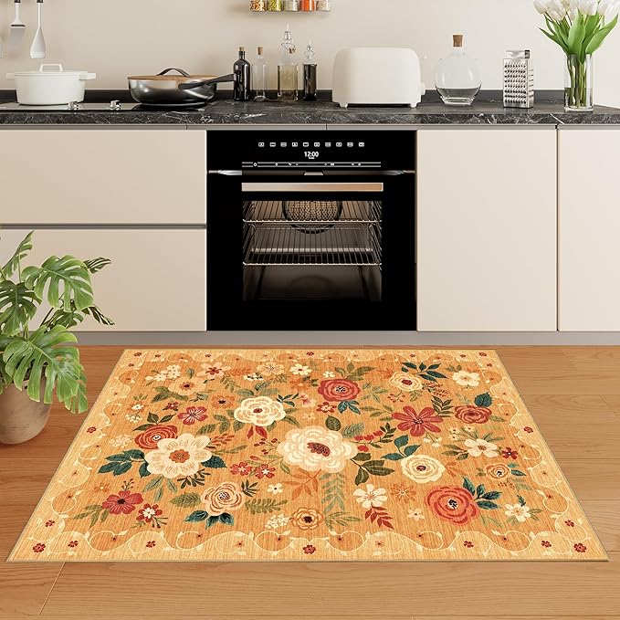 DUKINO 3x5 Area Rug, Floral Washable Rug for Bedroom Non Slip, Orange | Soft, Stain Resistant Low Pile Indoor Rug for Entryway, Bedroom, Bathroom, Living Room, Pet Friendly, Home Decor, Lightweight