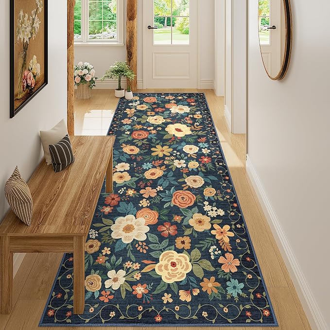 DUKINO 3x8 Kitchen Runner Rug, Washable Rug for Hallway Non Slip, Navy Blue | Soft, Low Pile, Floral Indoor Carpet Runner for Hallway, Entryway, Bedroom, Bathroom, Laundry, Pet Friendly, Home Decor