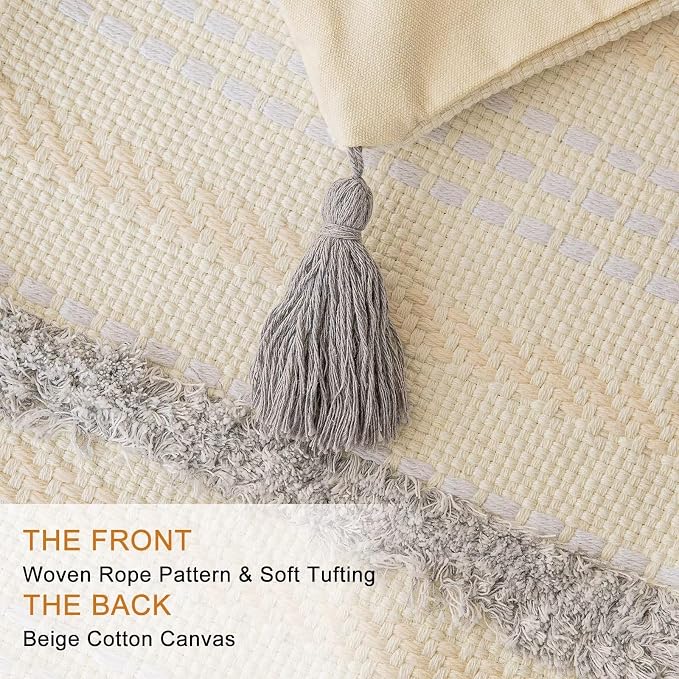 BUIOVBEY Boho Throw Pillow Covers Woven Tufted Pillow Cases with Tassels | Farmhouse Pillow Covers 12x20 Set of 2 Textured Striped Cushion Case Neutral Decorative Pillowcase for Sofa Couch Light Grey