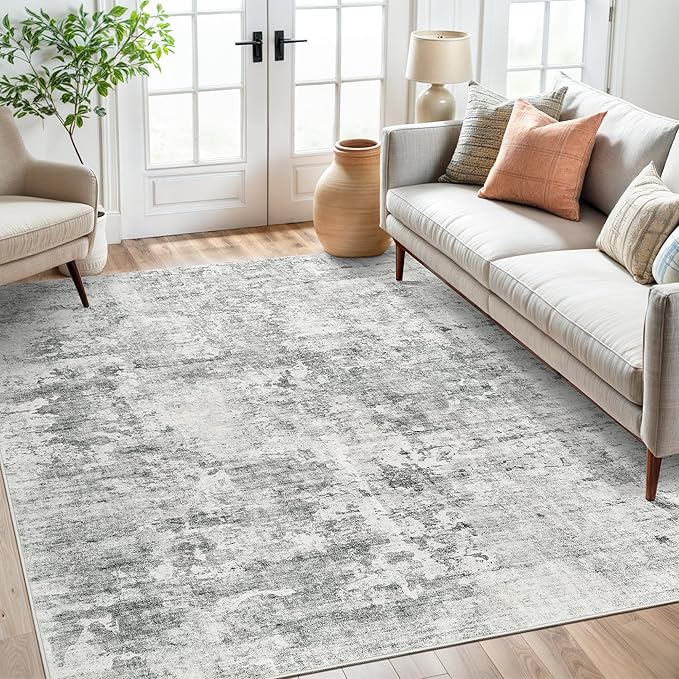 Soalmost Abstract Area Rug 6x9 for Living Room Washable Rugs Gray/White | Non-Slip Low-Pile Carpet for Dining Bedroom, Foldable Thin Vintage Stain Resistant Floor Mat Under Table Home Office Nursery