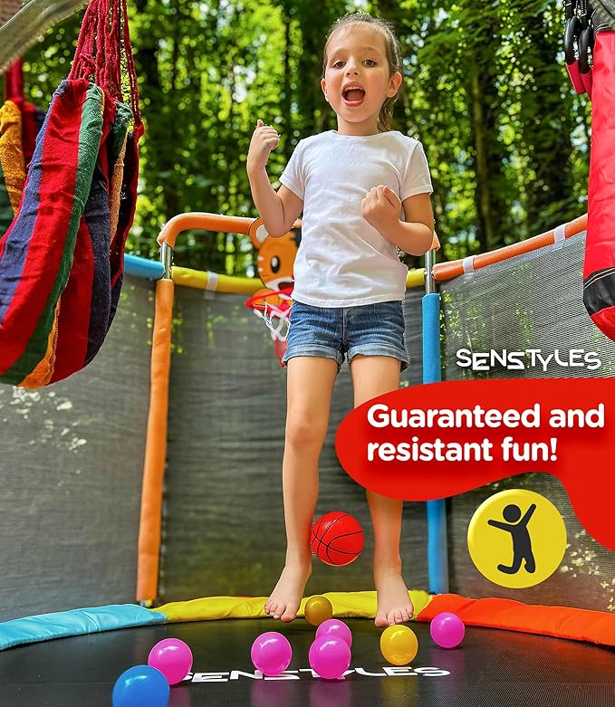 Trampoline for Kids with Safety Enclosure Indoor and Outdoor Toddler Trampoline for Kids Anti Rollover Round Base Double Safety Handles 440 lbs Capacity ASTM Tested Easy Assembly Gift
