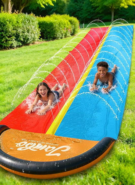 JAMBO Premium 24Ft Budget Slip Splash and Slide, Heavy Duty Water Slide with Advanced Sprinkler System, Backyard Waterslide, Splash Mat, Outdoor Water Toys n Slides for Kids