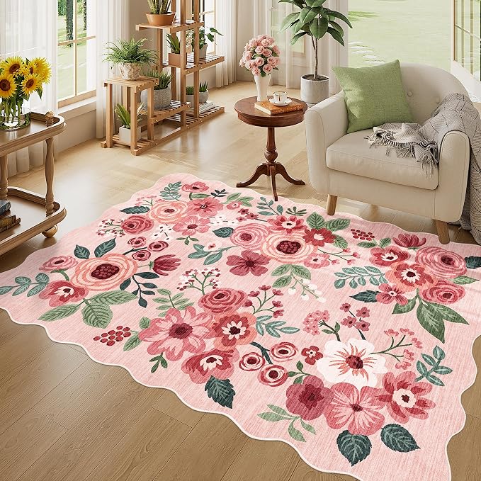 DUKINO 4x6 Area Rug, Non Slip Floral Washable Rug for Living Room, Pink | Low Pile, Stain Resistant, Soft Throw Rugs for Bedroom, Office, Dining Room, Nursery, Pet Friendly, Home Decor, Lightweight