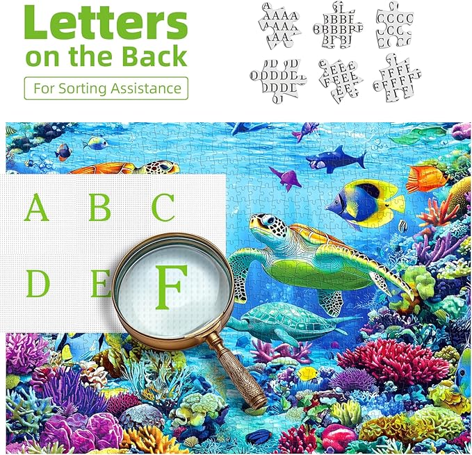 500 Piece Jigsaw Puzzles for Adults Ocean Reef Underwater Scene with Sea Turtles & Tropical Fish Puzzle for Seniors Family Challenging Puzzle with Letters on Back Perfect for Game Night (23"X15")