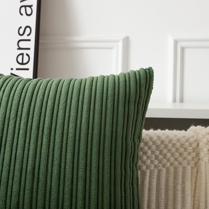 UGASA Velvet 18x18 Inch Soft Throw Pillow Cover Decorative Corduroy Striped Both Sides Solid Square Cushion Case Boho Farmhouse for Couch Bedroom Sofa Home, 1 Piece, Moss Green