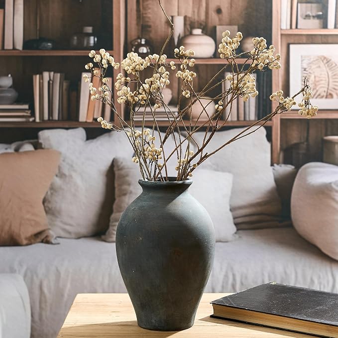 SIDUCAL Ceramic Vintage Flower Vase | 9 Inch Large Pottery Rustic Farmhouse Boho Vase for Home Decor, Table, Living Room, Bathroom, Coffee Desk, Shelf, Mantel Decoration, Wedding, Bronze