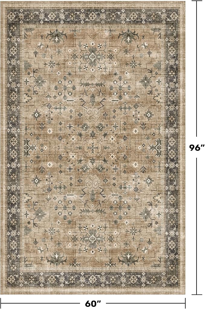 Hazo Haus Vintage Desert 5x8 Living Room Area Rug - Washable Taupe Sage Dining Room Under Kitchen Table, Low Pile Non-Slip Rugs for Bathroom, Boho Earthy Geometric Decor & Stain Resistance