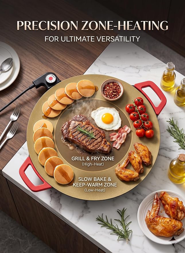 Round Electric Griddle, 1500W Smokeless Nonstick Indoor BBQ,The 16-inch round flat electric griddle easily cooks morning tortillas or Korean BBQ for the whole family.(16 inches)
