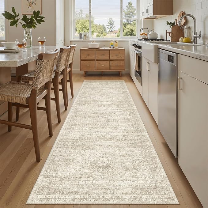 Soalmost Washable Runner Rug 2'6"x8' Kitchen Hallway Runners Beige | Soft Non-Slip 2.5x8ft Carpet for Entryway Bathroom, Low Pile Vintage Foldable Floor Mat for Corridor Laundry Room Bedroom