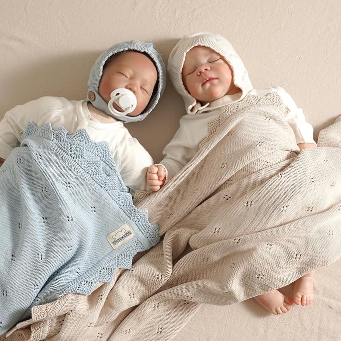 mimixiong Cotton Baby Blanket Knitted Crochet Receiving Crib Nursery Swaddling Blankets for Newborn Baby Boy Girl 30x40 Inch (LightBlue)