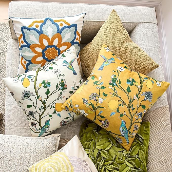 MUSSEL Yellow Velvet Floral Decorative 16x16 Pillow Covers Set of 2 | Soft Durable and Sturdy,Bird Plant,Throw Pillows Case,Square,Colorful Farmhouse Cushion Covers,Home Sofa Bed Couch Decor