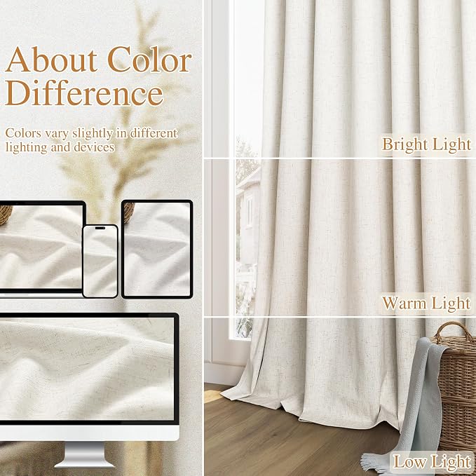 Guken Extra Wide 100% Blackout Linen Curtains for Bedroom 102 Inch Long Natural Cream Black Out Curtain Back Tab Room Darkening Window Drapes for Living Room 1 Panel Beige Ivory 60x102