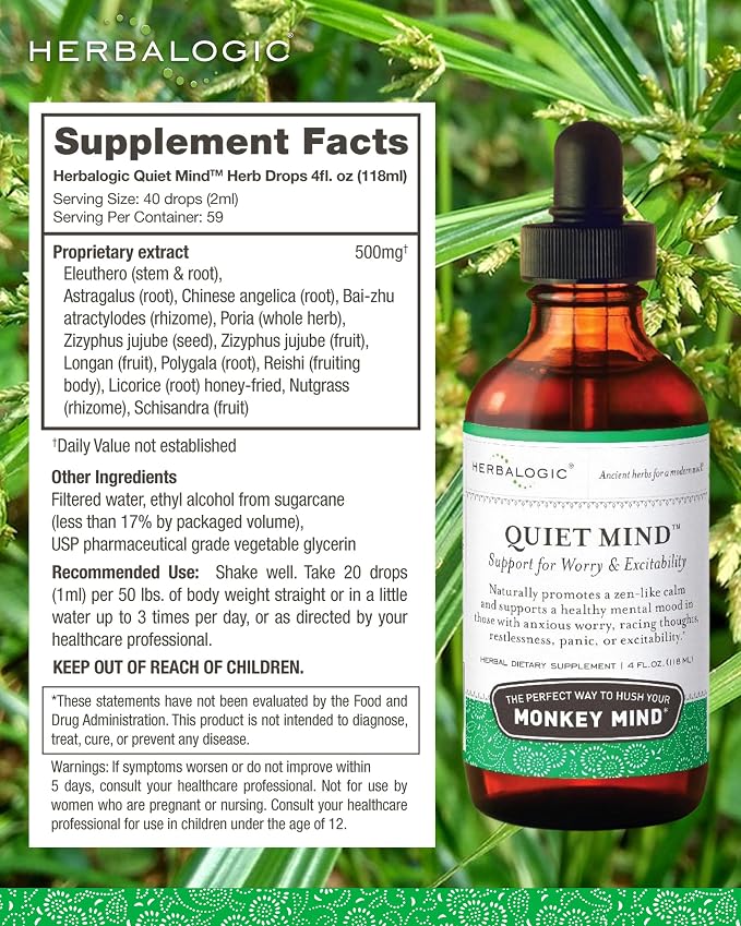 Herbalogic - Quiet Mind Liquid Herb Drops - Non-Sedating, Promotes a Feeling of Zen-like Calm - Eases Anxious Worry and Panicky Mood - Based on the Traditional Chinese Formula Gui Pi Tang - 4 Fl. Oz.