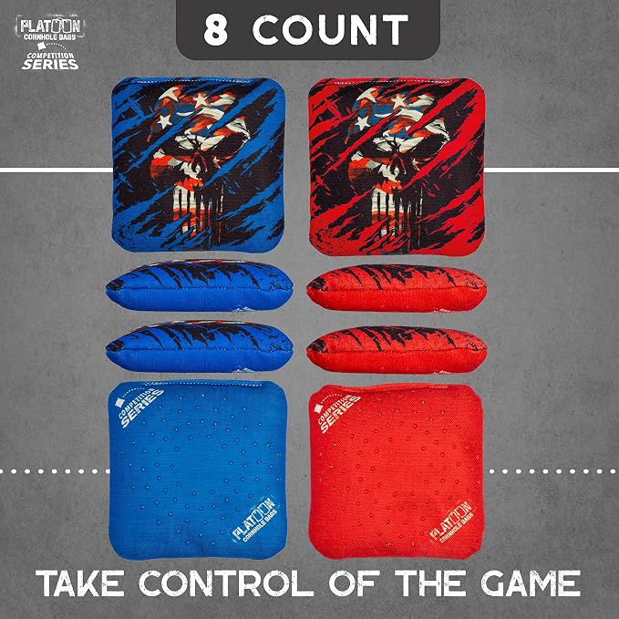 Play Platoon Competition Series Cornhole Bags Set of 8 Regulation Professional Weight Double Sided Slick and Stick with Rubber Sticky Dot Slow Side for Pro Corn Hole Bean Bag Toss Game-Designed in USA