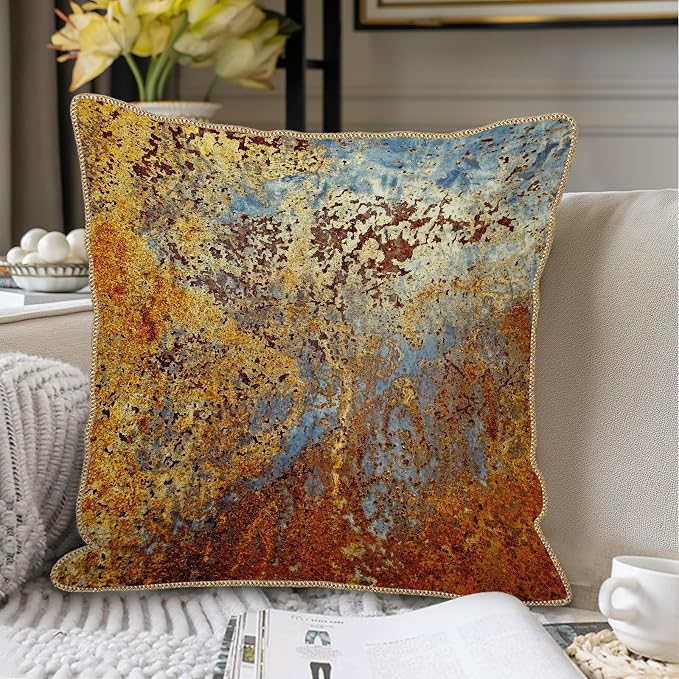 KSLIDS Brown Rust Soft Velvet Throw Pillow Covers Set of 2 Gold Orange Teal Rustic Decorative Pillow Covers 16x16 Inch Rusty Copper Metallic Bronze Pillow Case for Sofa Couch Living Room Home Decor