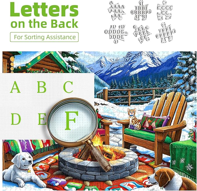 Blueforest 500 Piece Puzzle for Adults, Winter Cabin Fire Pit Jigsaw Puzzle - Dogs, Cat & Cozy Outdoor Seating, 23x15 Inch Art Puzzle, Hard Difficult Challenging Fun Puzzles for Adults