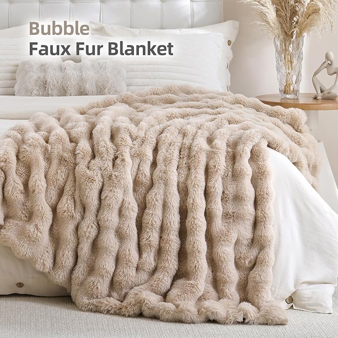 Faux Rabbit Fur Throw for Couch - Linen Bubble Blanket 50"x60" | Fluffy Plush Fuzzy Throw for Sofa & Bed, Super Soft Cozy Comfrt Blanket, Luxury Aesthetic Linen Decor Gift for Women