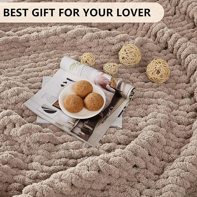 L'AGRATY Chunky Knit Throw Blanket for Couch, 80 x 90 Inches, Light Taupe | Handmade Chenille Crochet Blanket for Sofa Bed, Thick Cable Knitted Blankets for Room Home Decor, Birthday Gift for Women Mom