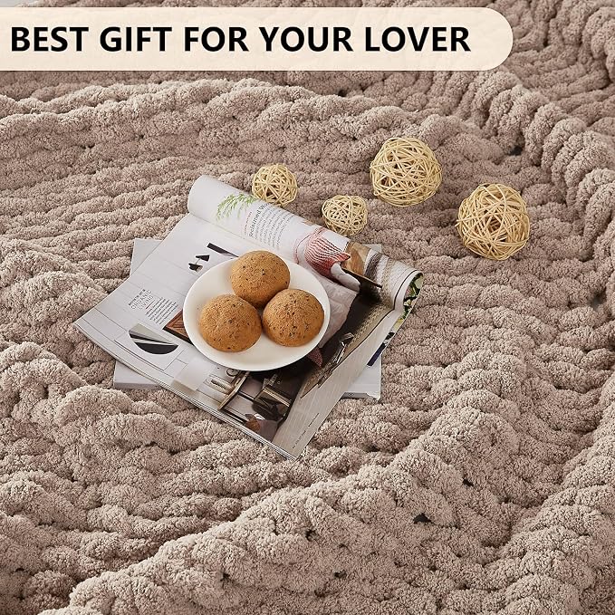 L'AGRATY Chunky Knit Throw Blanket for Couch, 60 x 80 Inches, Light Taupe | Handmade Chenille Crochet Blanket for Sofa Bed, Thick Cable Knitted Blankets for Room Home Decor, Birthday Gift for Women Mom