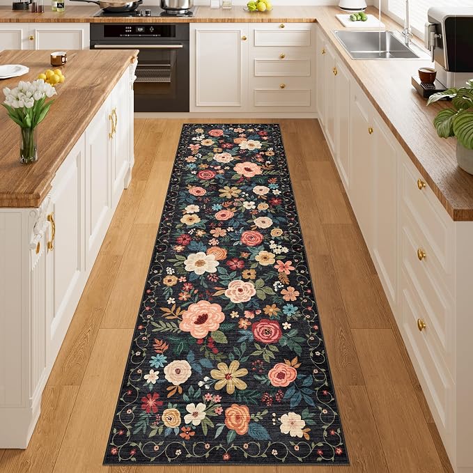 DUKINO 2x10 Runner Rug, Floral Washable Kitchen Runner Rug Non Slip, Black | Soft, Low Pile, Stain Resistant Indoor Rug Runner for Hallway, Entryway, Bedroom, Bathroom, Laundry, Pet Friendly, Home Decor