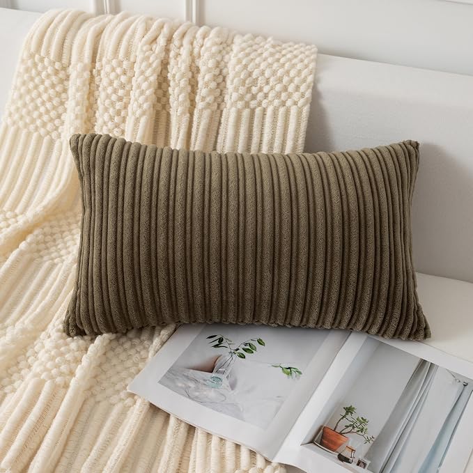 UGASA Velvet 12x20 Inch Lumbar Soft Throw Pillow Covers Decorative Corduroy Striped Both Sides Solid Rectangular Cushion Cases Boho Farmhouse for Couch Bedroom Sofa Home, Pack of 2, Olive Green