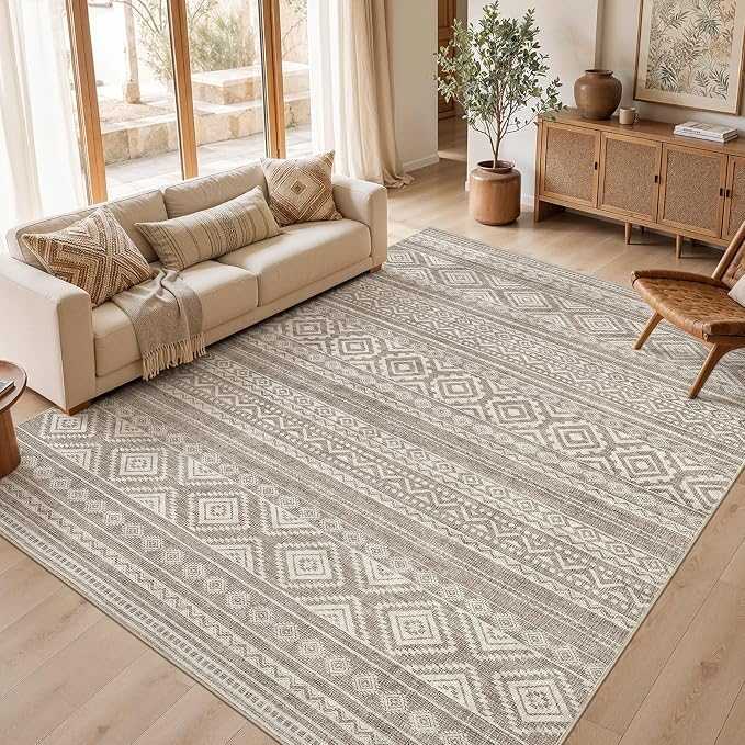 cotiled 7x9 Area Rugs Living Room Rug: Washable Boho Rugs with Non Slip Backing Large Soft Indoor Stain Resistant Carpet for Bedroom Farmhouse Dining Room Lightweight Home Decor Coffee Brown