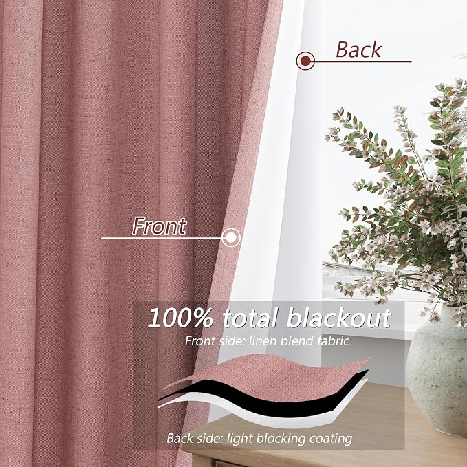 Guken 100% Blackout Curtains 96 Inch Length 2 Panels Set for Living Room Bedroom Back Tab Thermal Insulated Black Out Linen Drapes Room Darkening Window Curtains 96 Inches Long, Ash Rose