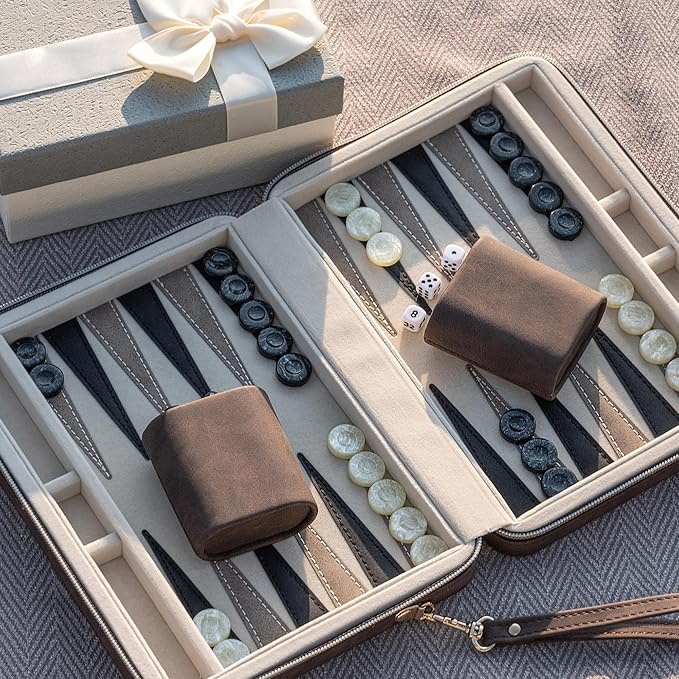Backgammon Sets for Adults, Classic Board Game with Folding Leather Backgammon Case, Portable Travel Backgammon Game Set (Brown)