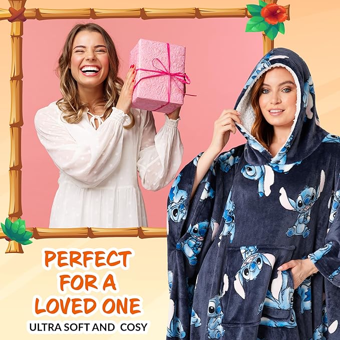 Disney Stitch Blanket Hoodie for Women and Teenagers - Cosy Oversized Fleece Poncho One Size Sherpa Hood - Stitch Gifts Navy