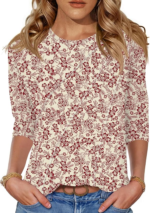 LOMON 3/4 Length Sleeve Womens Tops Spring Summer Fashion 2026 Tops Crew Neck Pleated Shirts Tunic Top Loose Fit