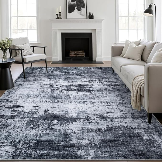 5x8 Area Rug Living Room Rug: Washable Modern Abstract Soft Thin Rug Indoor Floor No Slip Stain Resistant Carpet for Bedroom Dining Room Farmhouse Nursery Home Office - Black
