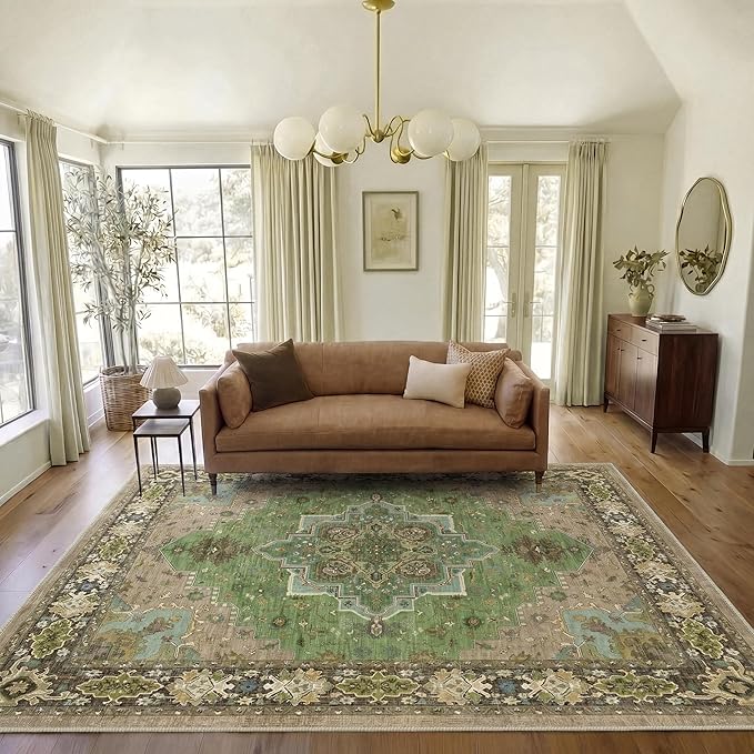 AMADA HOMEFURNISHING 5x7 Area Rug for Living Room, Vintage Washable Area Rug Low-Pile & Non-Slip Carpet for Bedroom Dining Room Nursery Home Office, Green