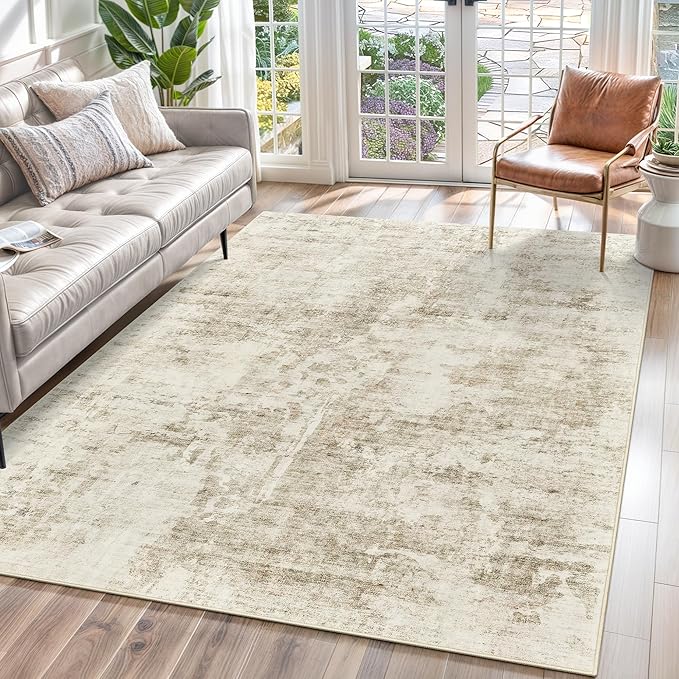 Soalmost Abstract Rug 5x7 Washable Area Rugs for Living Room, Beige/Gray | Vintage Non-Slip Indoor Accent for Bedroom Dining, Foldable Stain Resistant Floor Carpet Mat Under Table Home Office Decor