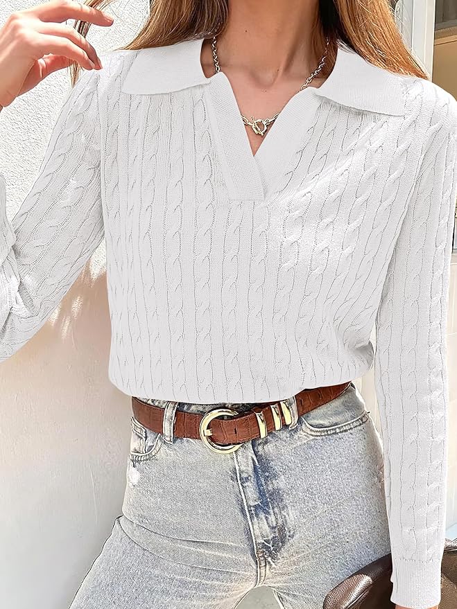 ANRABESS Womens Cable Knit Sweaters Long Sleeve V Neck | Pullover Collared Sweater Tops, Polo Knit Shirts, Business Casual Work, Tennis Golf, Fall Winter Fashion Outfits