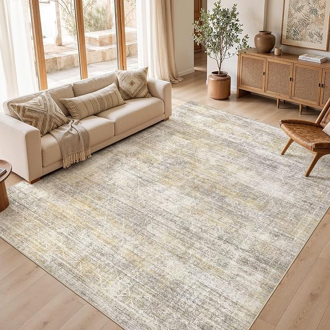 cotiled Washable Area Rugs 10x14 Living Room | Non Slip Backing, Stain Resistant, Pet Friendly, Large Neutral Soft Indoor Carpet For Bedroom, Nursery, Office, Gold/Brown
