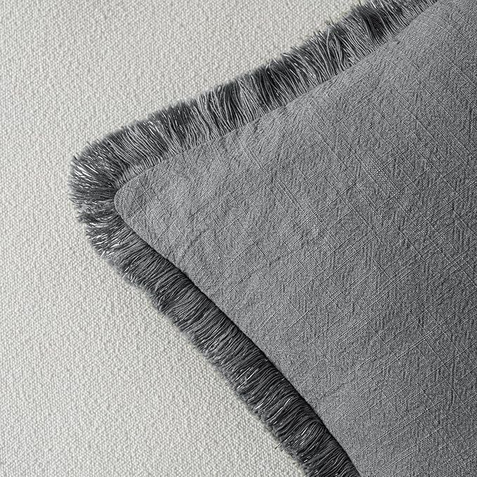 MIULEE Boho Linen Fringe Decorative Throw Pillow Covers Grey 20x20 | Set of 2, Cottagecore Decor, Boho Farmhouse Neutral Pillow Covers, Rustic Couch Cushion Cases for Sofa Bed Living Room