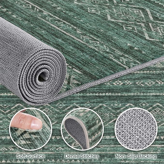 Nakagishi 6x9 Area Rugs Living Room: Washable Boho Large Neutral Soft Farmhouse Rug Stain Resistant Modern Indoor Floor Non-Slip Carpet for Bedroom Nursery Kids Playroom Office Dining Room Dorm- Green