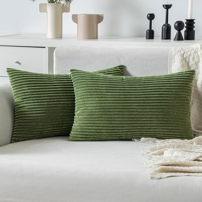 MIULEE Lumbar Corduroy Throw Pillow Covers Set of 2 12x20 Moss Green | Decorative Soft Striped Textured Cushion Cases, Boho Pillowcases for Home Decor, for Couch Chair Sofa Bed Living Room