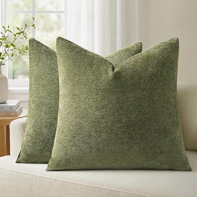 a moment Pack of 2 Decorative Chenille Throw Pillow Covers with Twill Cushion Covers for Sofa Living Room Couch Bed 26x26 Inch,Moss Green