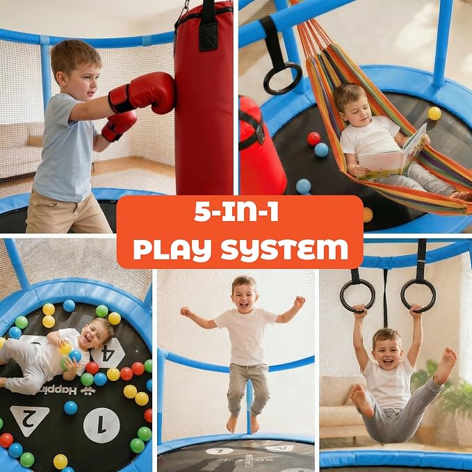 Happin® 55’’ Trampoline for Kids with Safety Enclosure, Indoor & Outdoor Toddler Trampoline, Ultra Safe Design with Multi Activity Accessories, Perfect Toddler Gift for Boys & Girls Ages 1–8