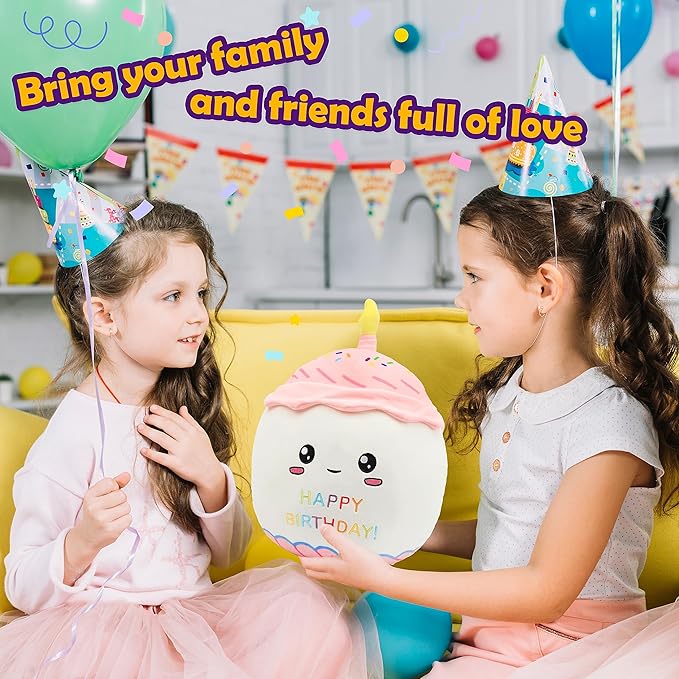 Easfan 12'' Birthday Cake Plush Pillow Soft Cake Plush Toy Cute Stuffed Animal Home Room Decoration Birthday Gifts for Kids Toddlers, Pink