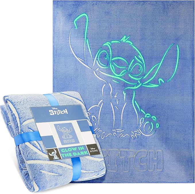 Disney Stitch Glow in The Dark Throw Blanket 51x59”, Soft Fleece Throw Blanket for Sofa Bed, Cozy Warm, Gifts for Kids, Teens, Adults (Blue Stitch)